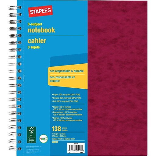 Staples® 3 Subject Notebook, 9" x 11" Staples