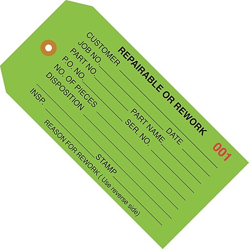 4 3/4" x 2 3/8" "Repairable or Rework" Inspection Tag, 1000/Case