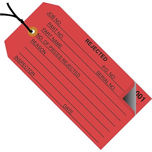 Staples 4 3/4" x 2 3/8" "Rejected" Inspection Tag 2 Part Numbered