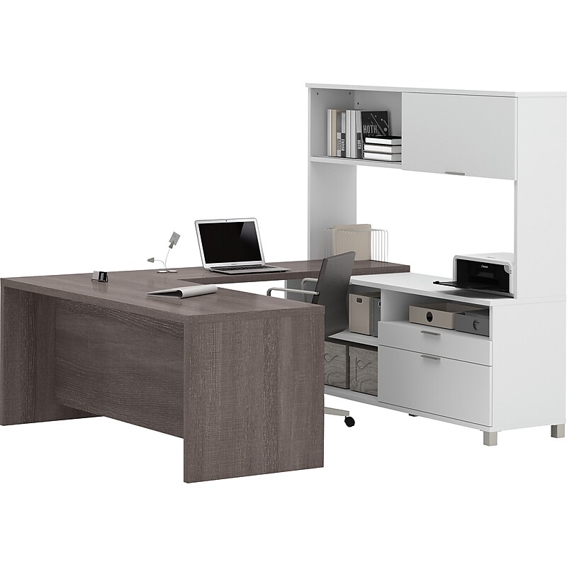 Bestar Pro-Linea 71" U-Desk with Hutch, White/Bark Grey (120880-47) image 1
