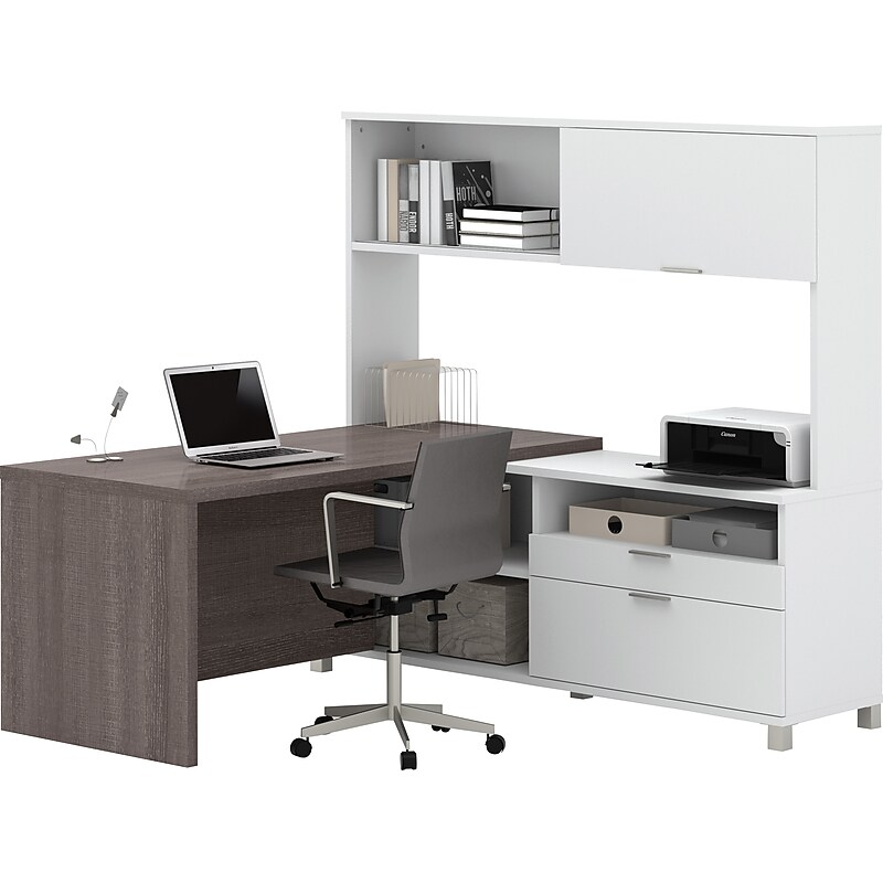 Bestar Pro-Linea 71"W L-Desk with Hutch, White & Bark Grey (120882-47) image 1