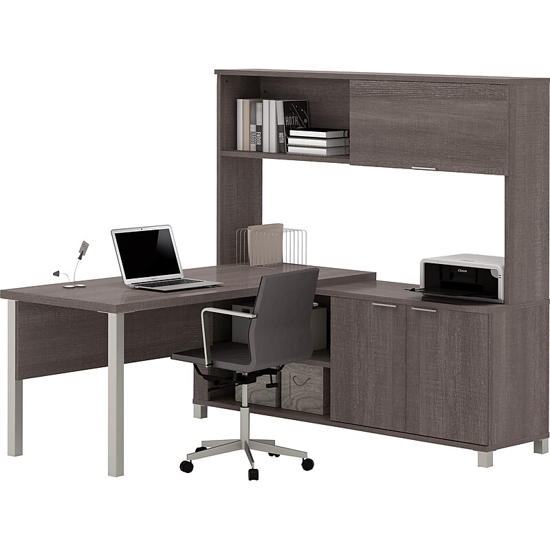 Bestar Pro-Linea L-Desk with Hutch, Bark Grey (120864-47) image 1