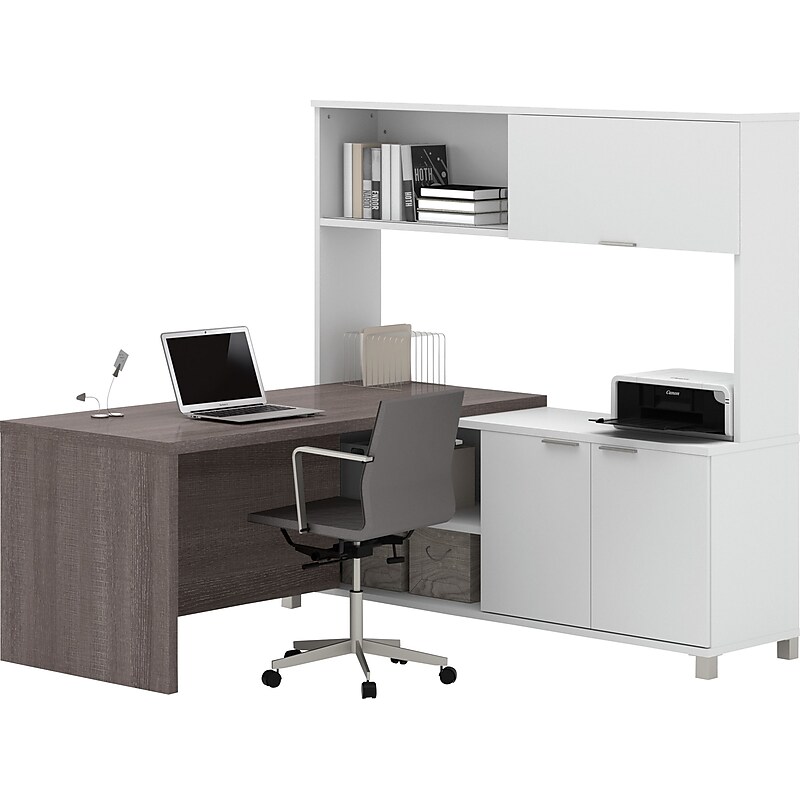Bestar Pro-Linea L-Desk with Hutch, White/Bark Grey (120884-47) image 1