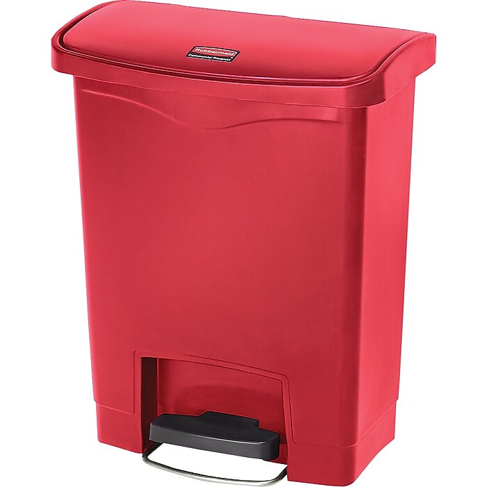 Rubbermaid Slim Jim Resin Front Step-On Trash Can, 8 Gallons, Red