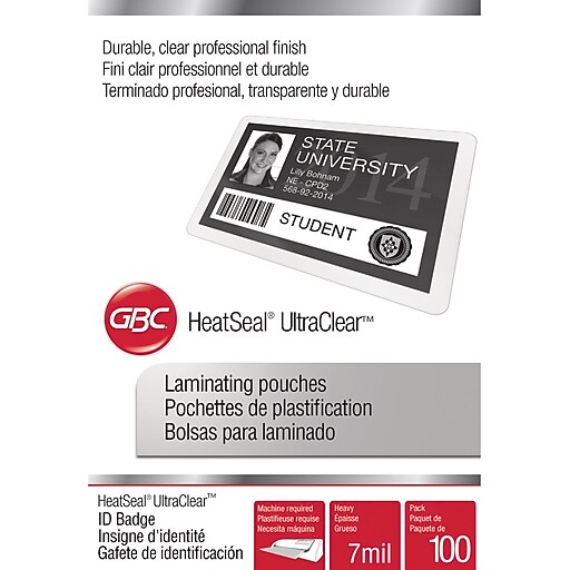 GBC® HeatSeal® UltraClear™ Thermal Laminating Pouches, Badge ID Card Size, Clear, 7 Mil, 100