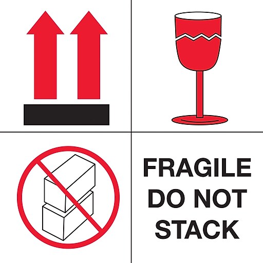 Tape Logic "Fragile Do Not Stack" Shipping Labels, 4" x 4", Red/White/Black, 500/Roll Staples
