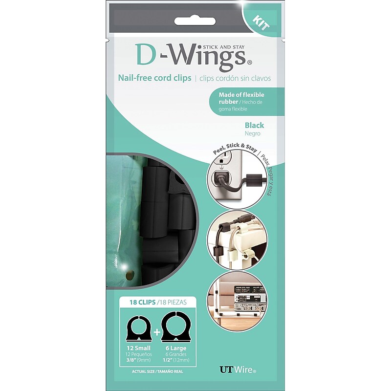 UT Wire D-Wings Cord Control, Assorted Kit, Black, 18/Pack (UTW-D18-BK) image 1