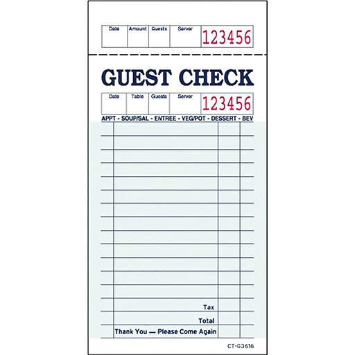 Alliance 1Part Carbonless Guest Checks, 3.4" x 6.73", 50 Sets/Book, 2