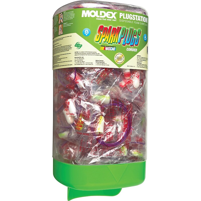 Moldex PlugStation Disposable with Dispenser Corded Earplugs, NRR 33 dB, Green/Purple, 150/Box (6880) image 1