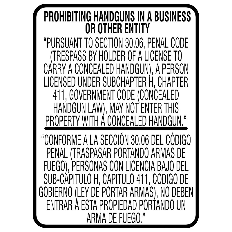 ACCUFORM Spanish-Bilingual Texas 30.06 Safety Sign, PROHIBITING HANDGUNS IN A BUSINESS OR OTHER ENTITY, 24"x18", Dura-Plastic image 1