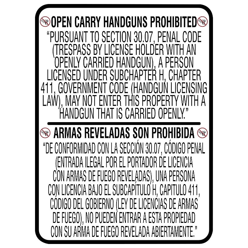 Accuform Spanish-Bilingual Texas 30.07 Safety Sign, OPEN CARRY HANDGUNS PROHIBITED, 24" x 18", Dura-Plastic (MACC509XT) image 1
