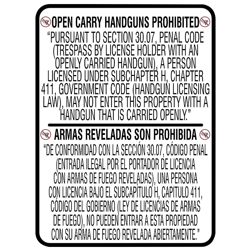 Accuform Spanish-Bilingual Texas 30.07 Safety Sign, OPEN CARRY HANDGUNS PROHIBITED, 24" x 18", Aluminum (MACC509VA) image 1