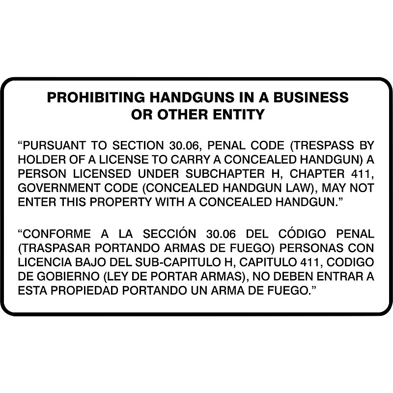 ACCUFORM Spanish-Bilingual Texas 30.06 Safety Sign, PROHIBITING HANDGUNS IN A BUSINESS OR OTHER ENTITY, 30"x48", Aluma-Lite image 1