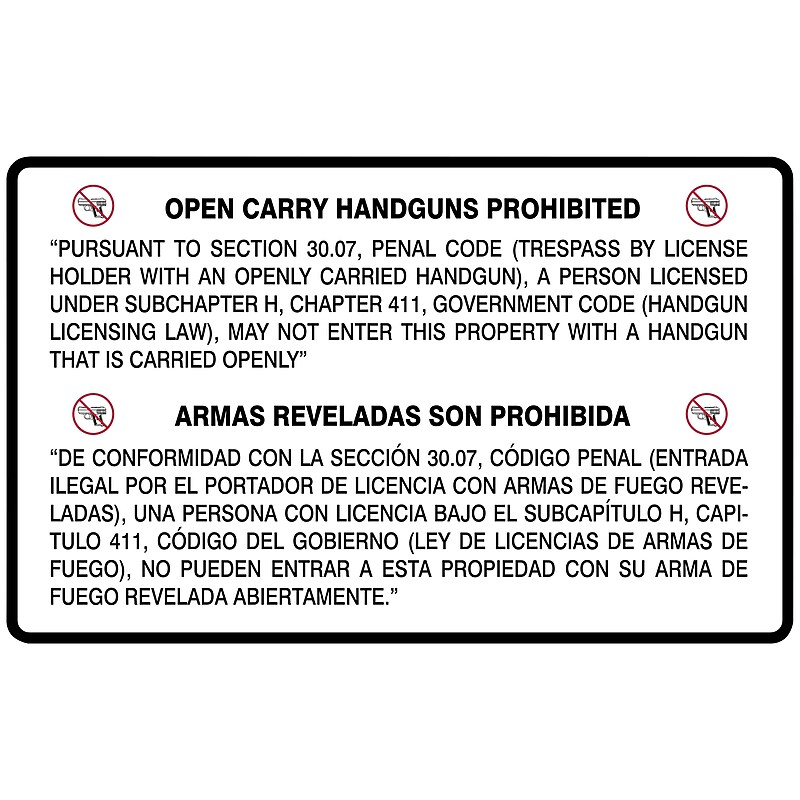 Accuform Spanish-Bilingual Texas 30.07 Safety Sign, OPEN CARRY HANDGUNS PROHIBITED, 30" x 48", Aluma-Lite (MACC510XL) image 1