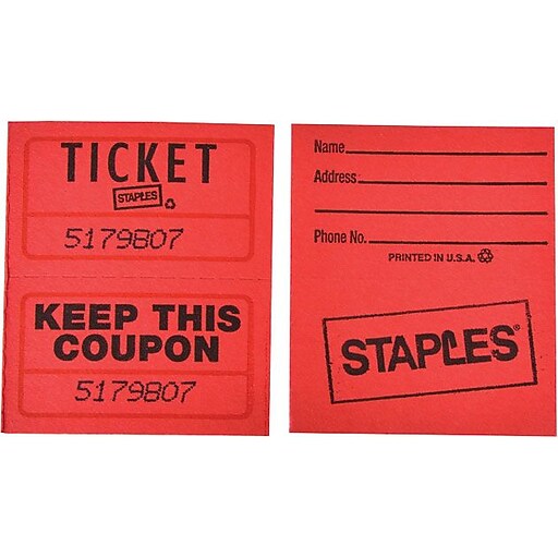 Staples Double Ticket Roll, Red, 2000/Roll, 1 Roll Staples