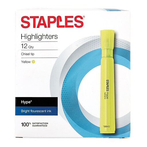 STAPLES® HYPE® TANK HIGHLIGHTERS, CHISEL, YELLOW 12PK (29203) Staples