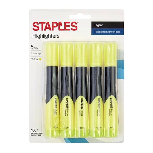STAPLES® HYPE® GRIPPED TANK HIGHLIGHTERS, CHISEL, YELLOW 5PK (29219