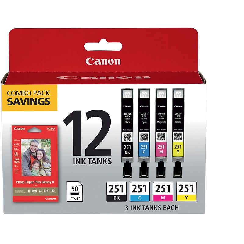 Canon 251 Black/Cyan/Magenta/Yellow Standard Yield Ink Cartridge, 12/Pack (6513B010) image 1