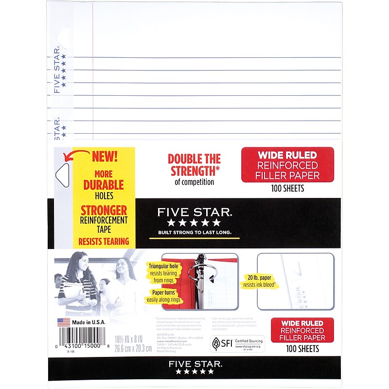 Five Star Reinforced Wide Ruled Filler Paper, 10-1/2" x 8", White, 100 Sheets/Pack (15000) image 1