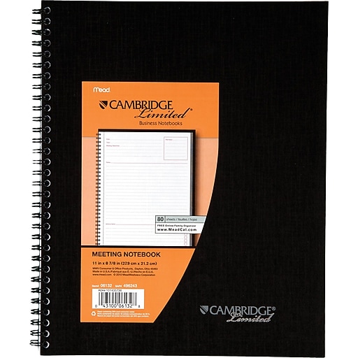Cambridge® Meeting Format Notebook, 80 Sheets, 87/8" x 11", Black