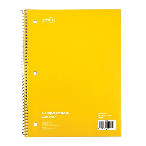 Staples®, 1 Subject Notebook, Wide Ruled, 8" x 101/2", Assorted Colors