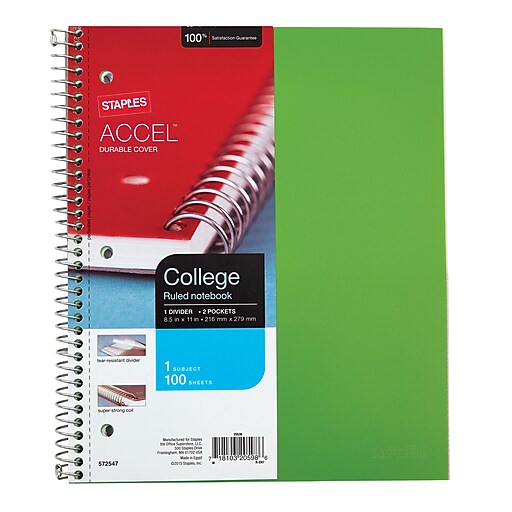 Staples® Accel, Durable Poly Cover 1 Subject Notebook, College Ruled, 8