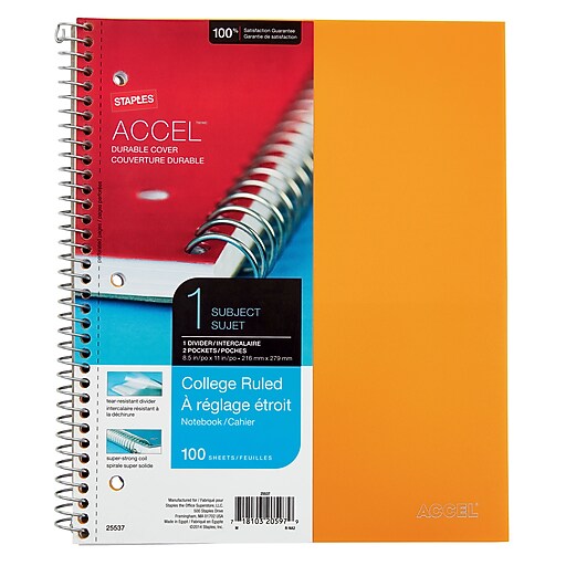 Staples® Accel, Durable Poly Cover 1 Subject Notebook, College Ruled, 8