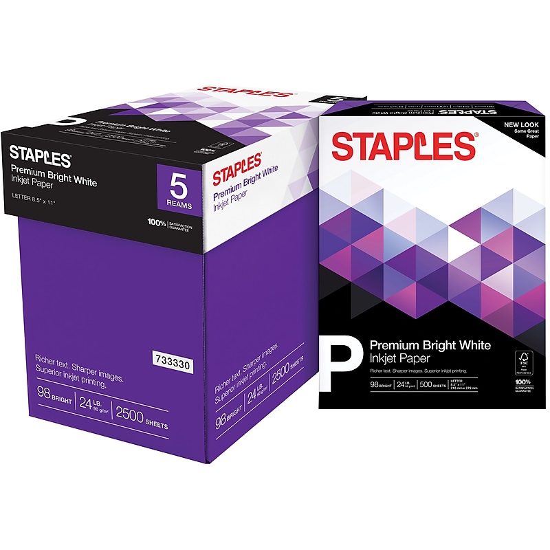 Staples Premium Inkjet & Laser Paper, 8.5" x 11", 24 lbs., Bright White, 500 Sheets/Ream, 5 Reams/Carton (733330) image 1