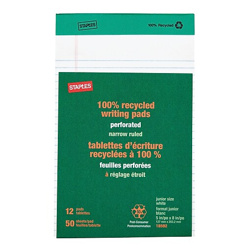 Staples® 100 Recycled, 5" x 8", White, Perforated Notepad, Narrow