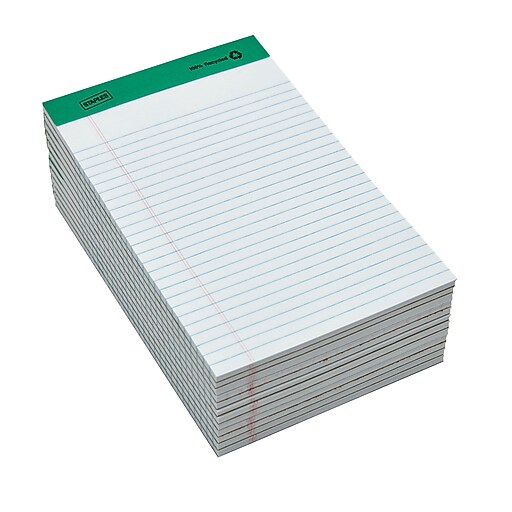 Staples® 100 Recycled, 5" x 8", White, Perforated Notepad, Narrow