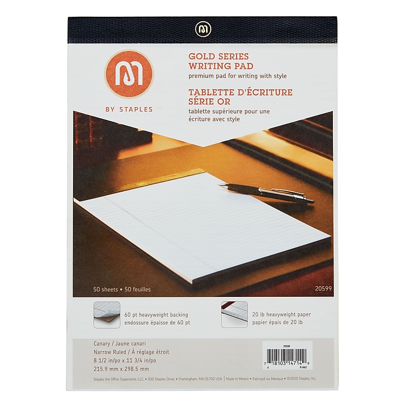 M by Staples™ Perforated Notepad, Narrow Ruled, Canary, 8.5" x 11", 50 Sheets/Pad image 1