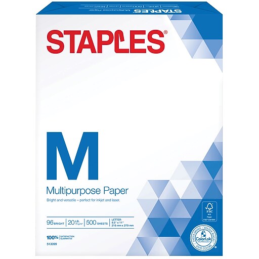 Staples® Multipurpose Paper, 8 1/2" x 11", 500/Ream (513099WH) Staples