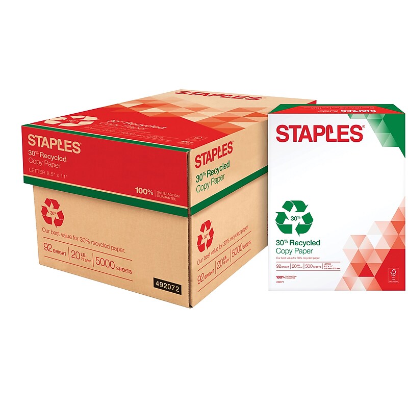 Staples 30% Recycled 8.5" x 11" (US letter) Copy Paper, 20 lbs., 92 Brightness, 5000/Carton (112350/461757) image 1