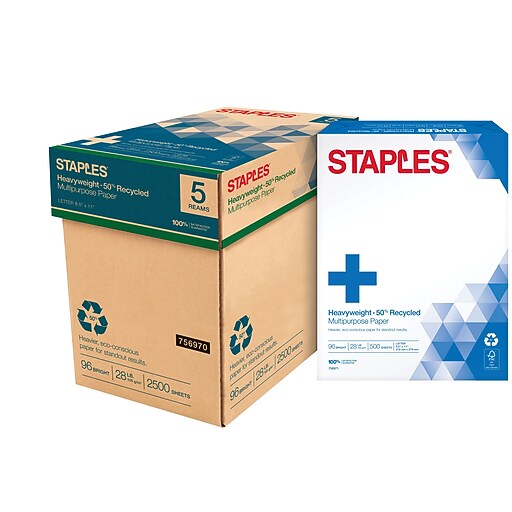 Staples 50 Recycled Heavyweight 8.5" x 11" Multipurpose Paper, 28 lbs., 96 Brightness, 500/Ream