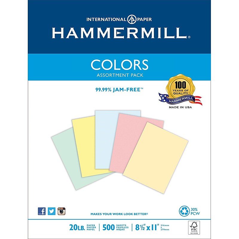 HammerMill 30% Recycled Fore® MP Pastel Paper, 24lb., Assorted, 8 1/2" x 11", Ream (102640) image 1