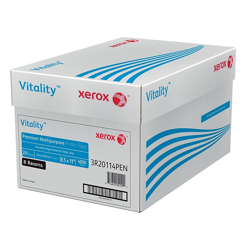 Xerox Vitality 8.5" x 11" Premium Multipurpose Paper, 24 lbs., 97 Brightness, 500 Sheets/Ream, 8 Reams/Carton (1001) image 1
