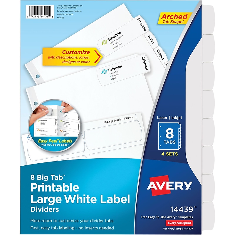 Avery Big Tab Printable Paper Dividers with Large White Labels, 8 Tabs, White, 4 Sets/Pack (14439) image 1