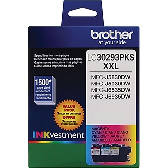 Brother LC30293PKS Cyan/Magenta/Yellow Extra High Yield Ink Cartridge, 3/Pack