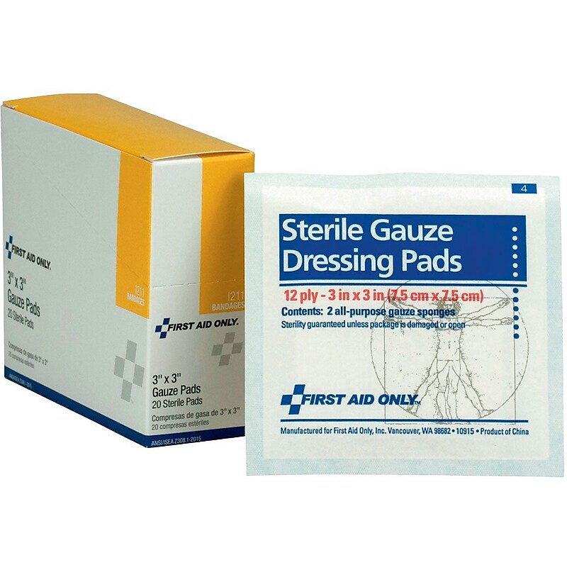 First Aid Only Sterile Gauze Dressing Pads, 12-Ply, 3" x 3", 20/Box (I211) image 1