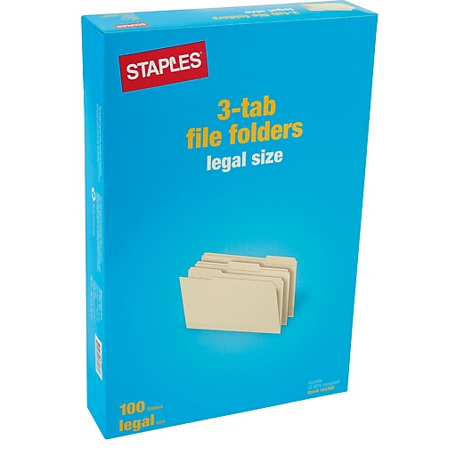 Staples Manila 3Tab File Folders, Legal, Assorted Position, 100/Box