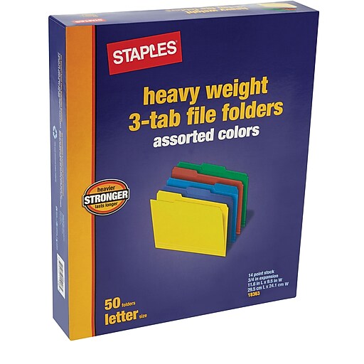 Staples Heavyweight Colored File Folders, 3 Tab, Letter, 50/Box Staples