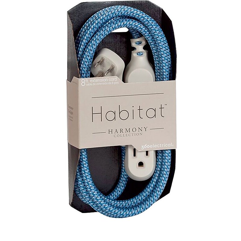 360 Electrical Habitat Braided 8' Extension Cord, 3-Outlet, Multicolor (360417ST-8ES-C1) image 1