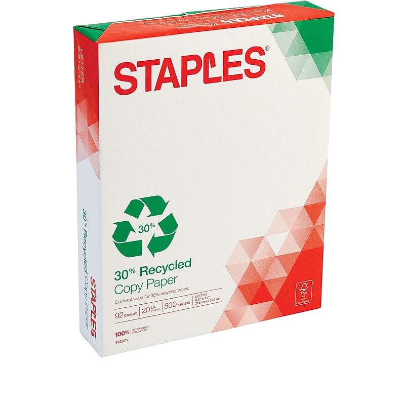 Staples 30% Recycled 8.5" x 11" Copy Paper, 20 lbs., 92 Brightness, 500/Ream (112350/1542) image 1