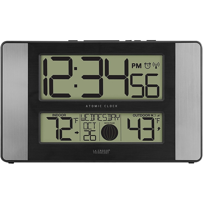 La Crosse Technology Atomic Digital Clock with Temperature and Moon Phase, Aluminum finish (513-1417AL) image 1