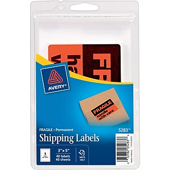 Avery "Fragile Handle with Care" Shipping Labels, Black/Neon Red, 3"H x 5"W, 40/Pk