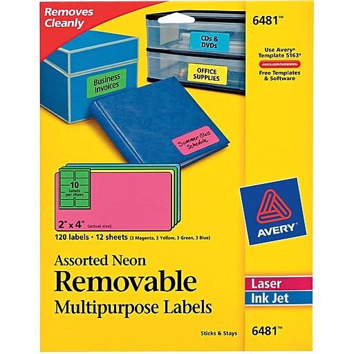 Avery® 6481 Removable Assorted Neon Organization Labels, 2" x 4", 120