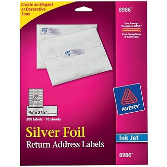 Avery Inkjet Foil Mailing Labels, Silver, 3/4" x 2-1/4", 30 Labels/Sheet, 10 Sheets/Pack, 300 Labels/Pack (8986)