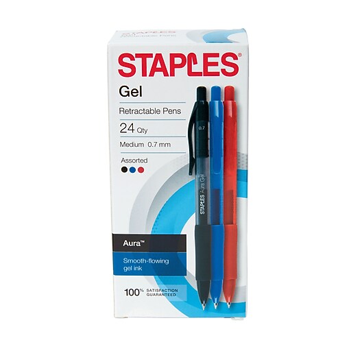 Staples Aura™ Retractable Gel Pens, Medium 0.7mm, Assorted, 24 Pack