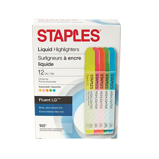 Staples® Fluent LQ™ Liquid Highlighters, Chisel Assorted 12pk [28572