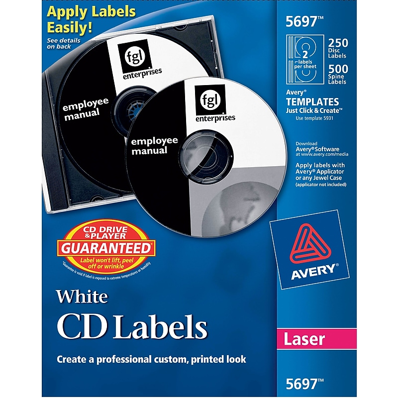 Avery Matte Laser CD/DVD Labels, White, 250/Pack (AVE5697) image 1